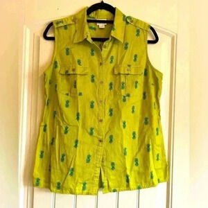 Jaclyn Smith lime green sleeveless button down shirt top pineapples Large Cotton